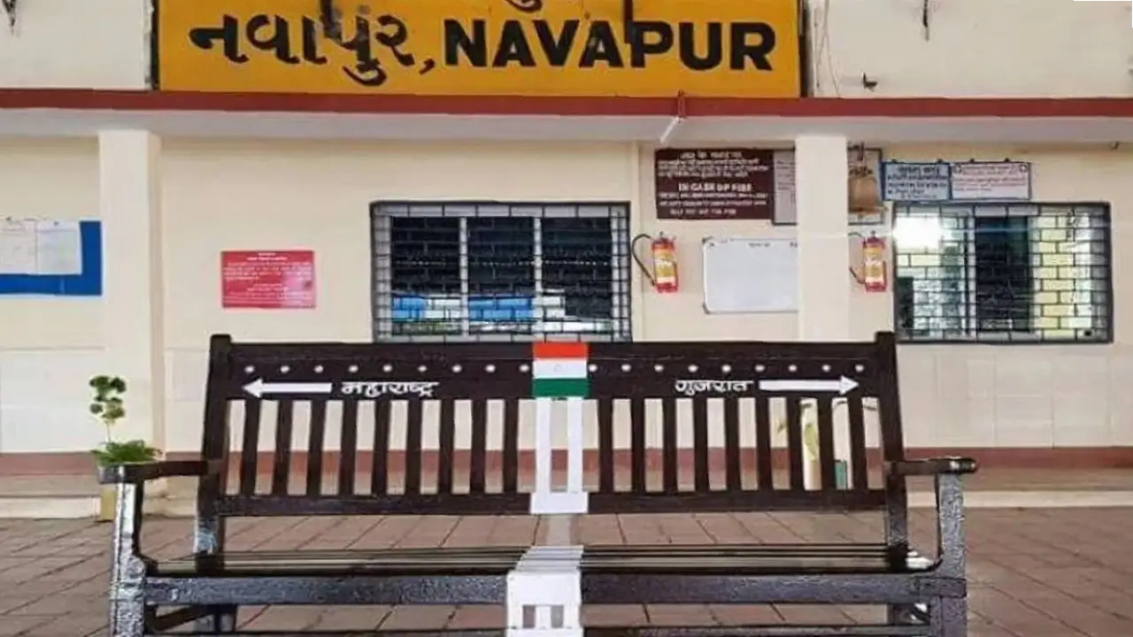 Navapur railway station built in two states, one state has ticket window, the other has waiting room